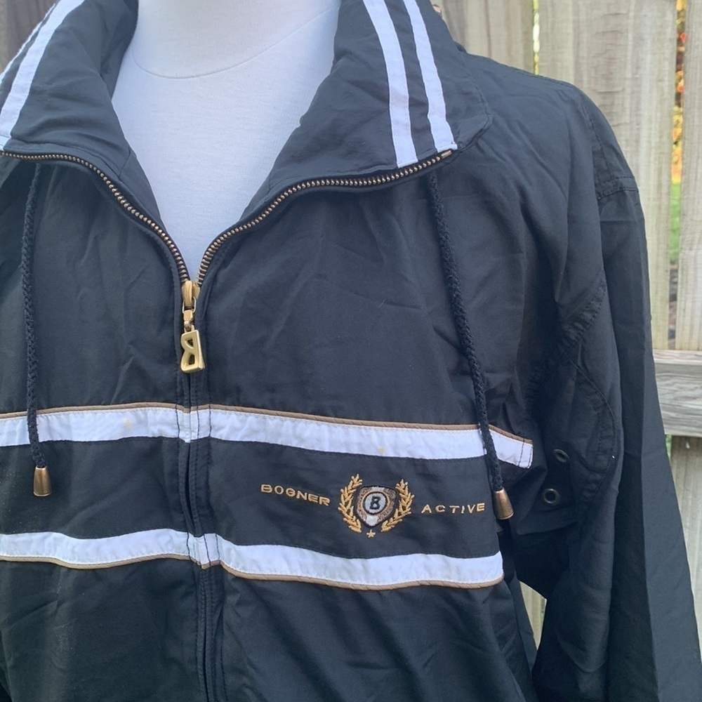 Bogner Black Windbreaker Jacket with White Stripes and Leopard Lined Hood - Picture 2 of 8